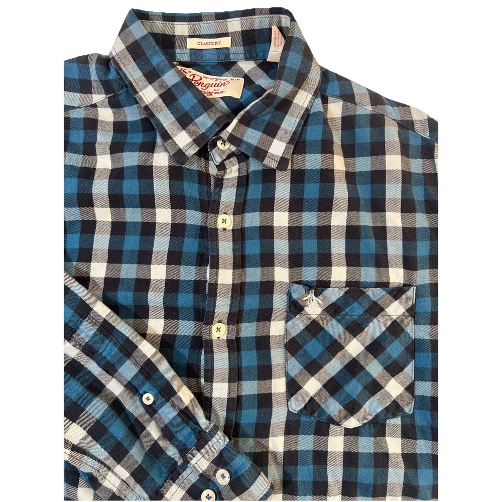 Penguin Musingwear Plaid‎ Flannel Shirt Mens M Cotton Classi Outdoor Blue